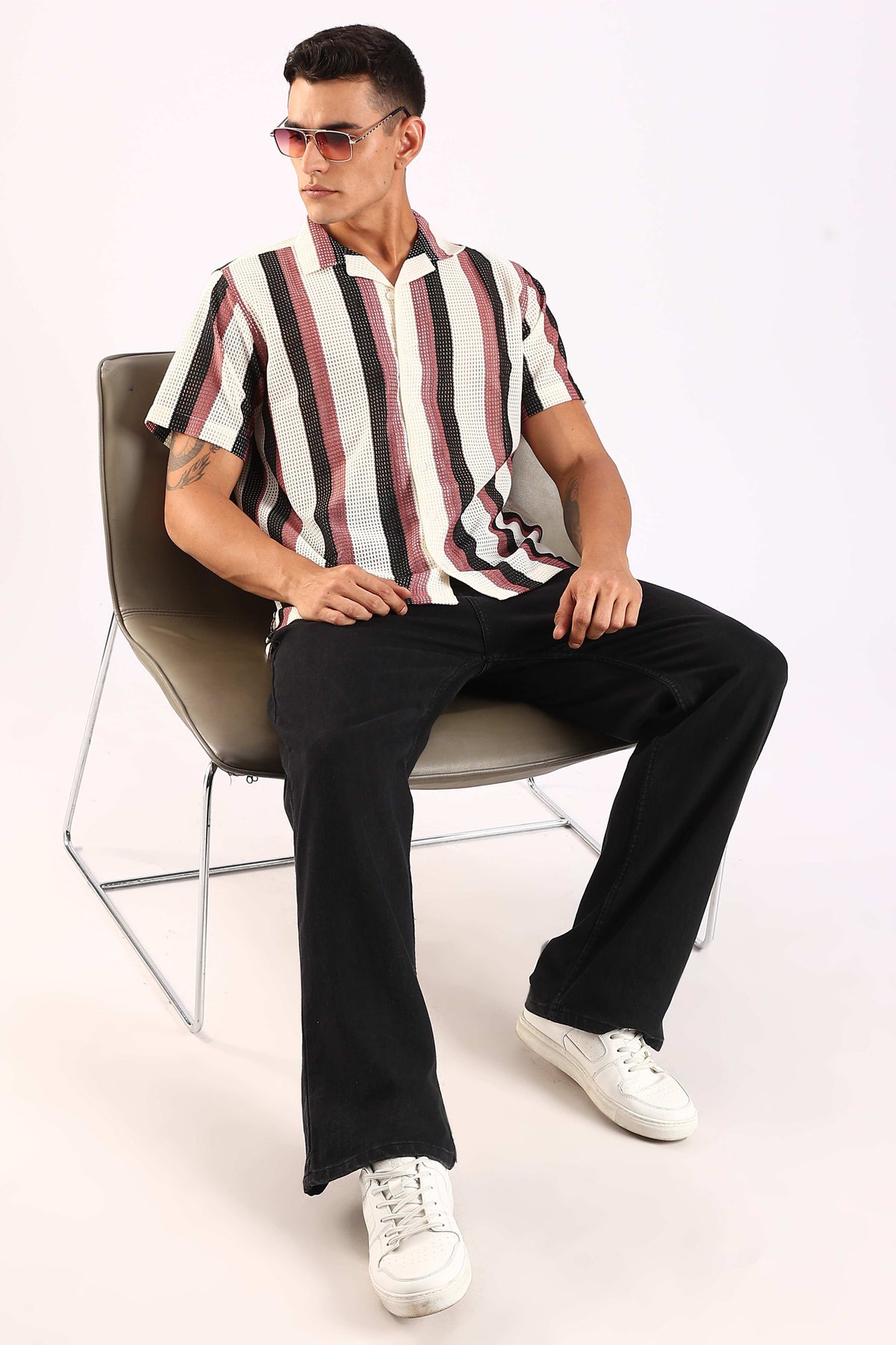 Crochet Maroon & Black Stripe Half Sleeve Shirt