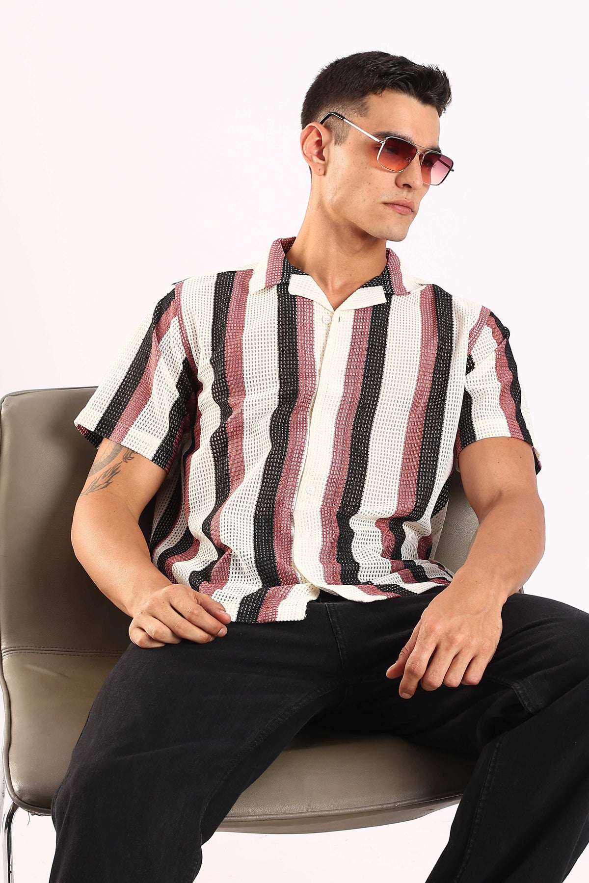 Crochet Maroon & Black Stripe Half Sleeve Shirt