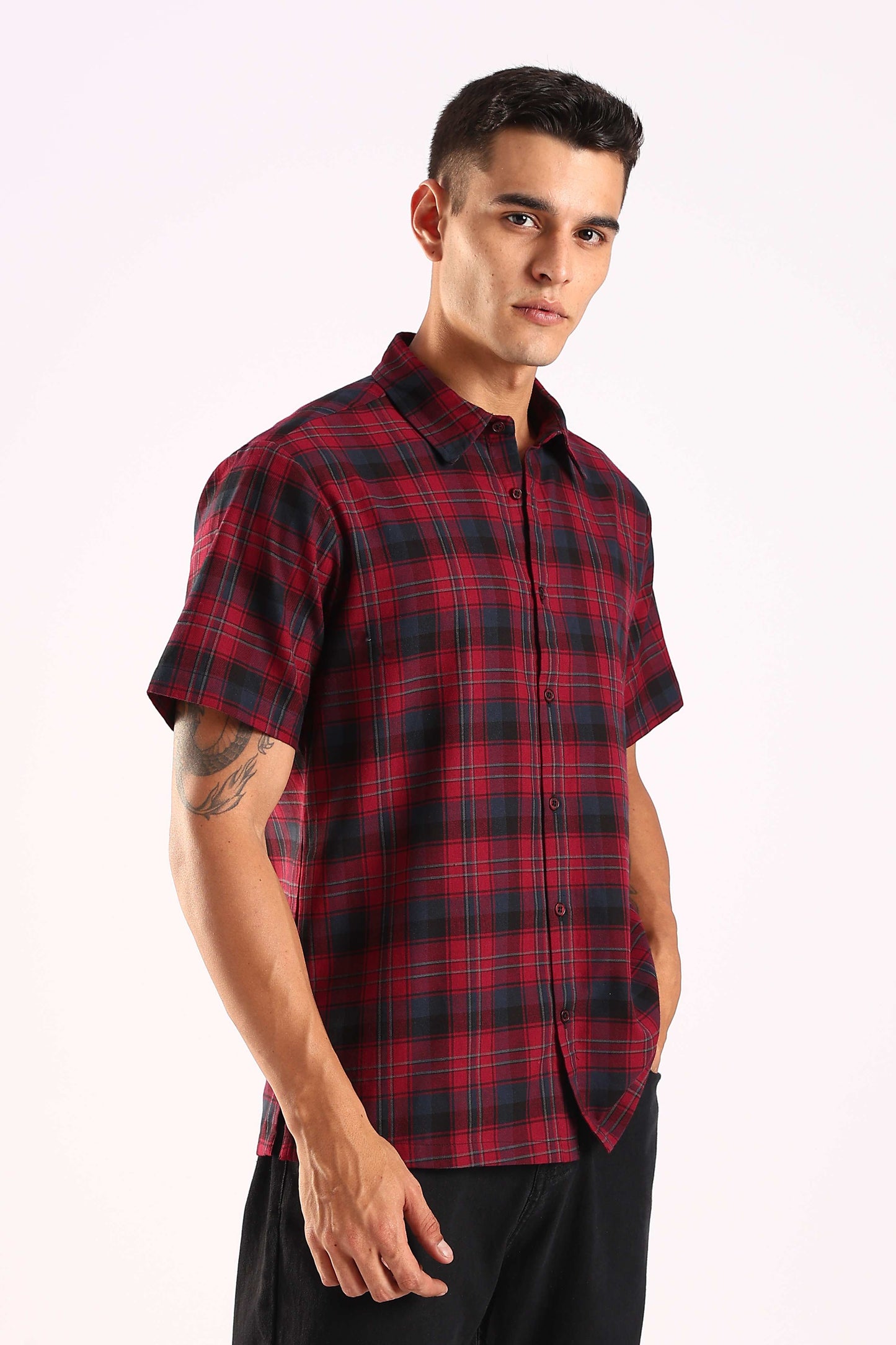 Red & Black Checked Half Sleeve Cotton Shirt