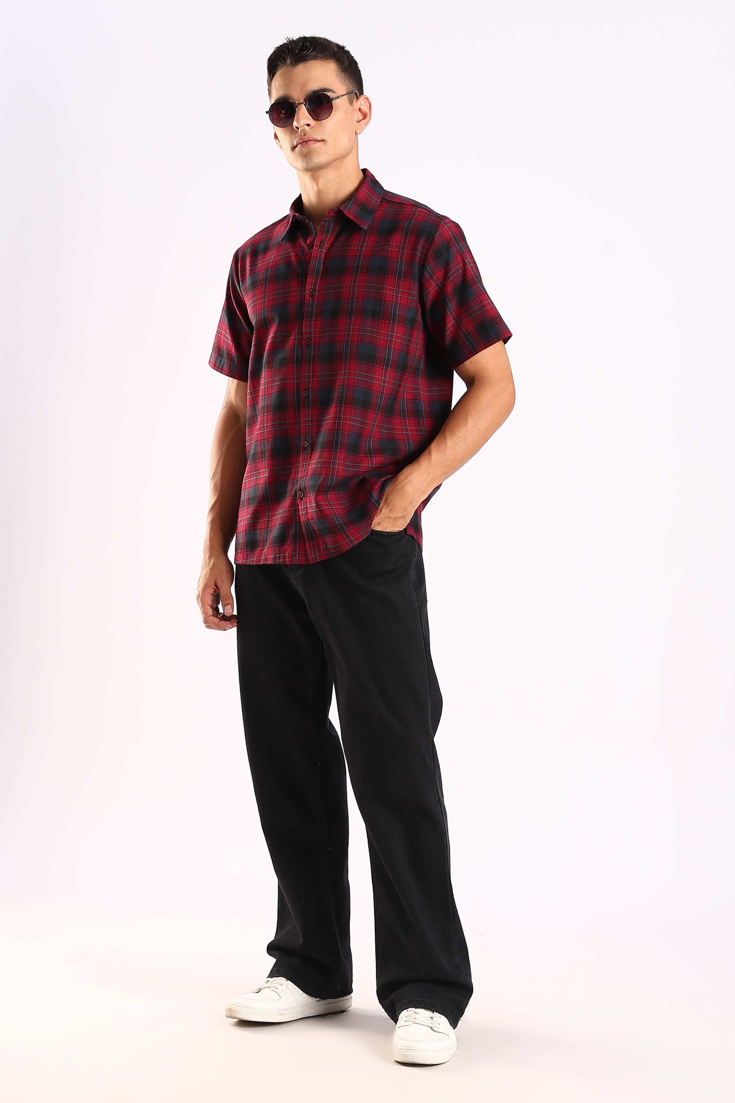 Red & Black Checked Half Sleeve Cotton Shirt