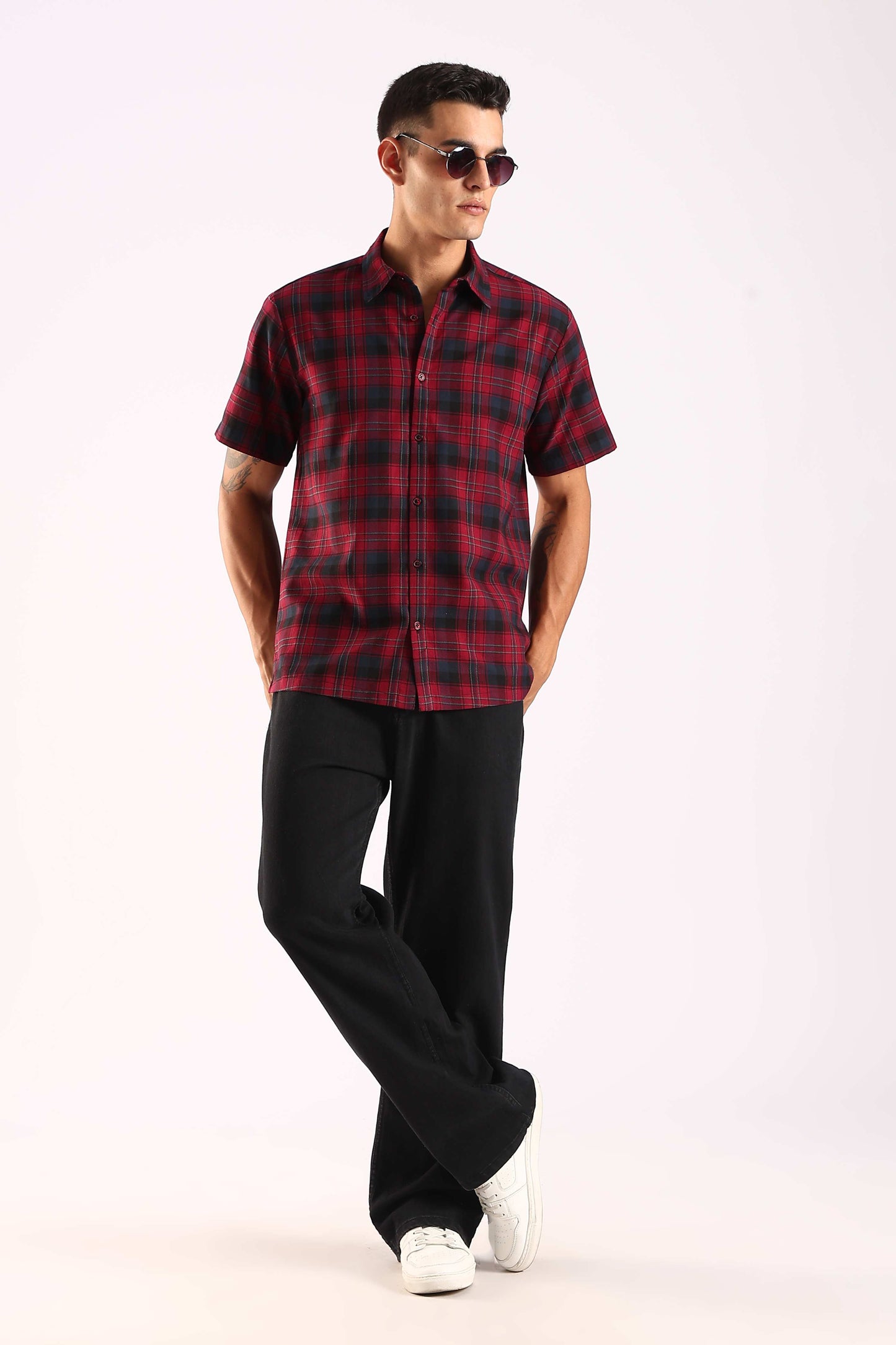 Red & Black Checked Half Sleeve Cotton Shirt