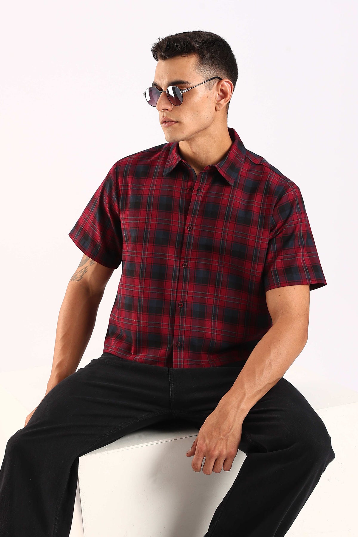 Red & Black Checked Half Sleeve Cotton Shirt