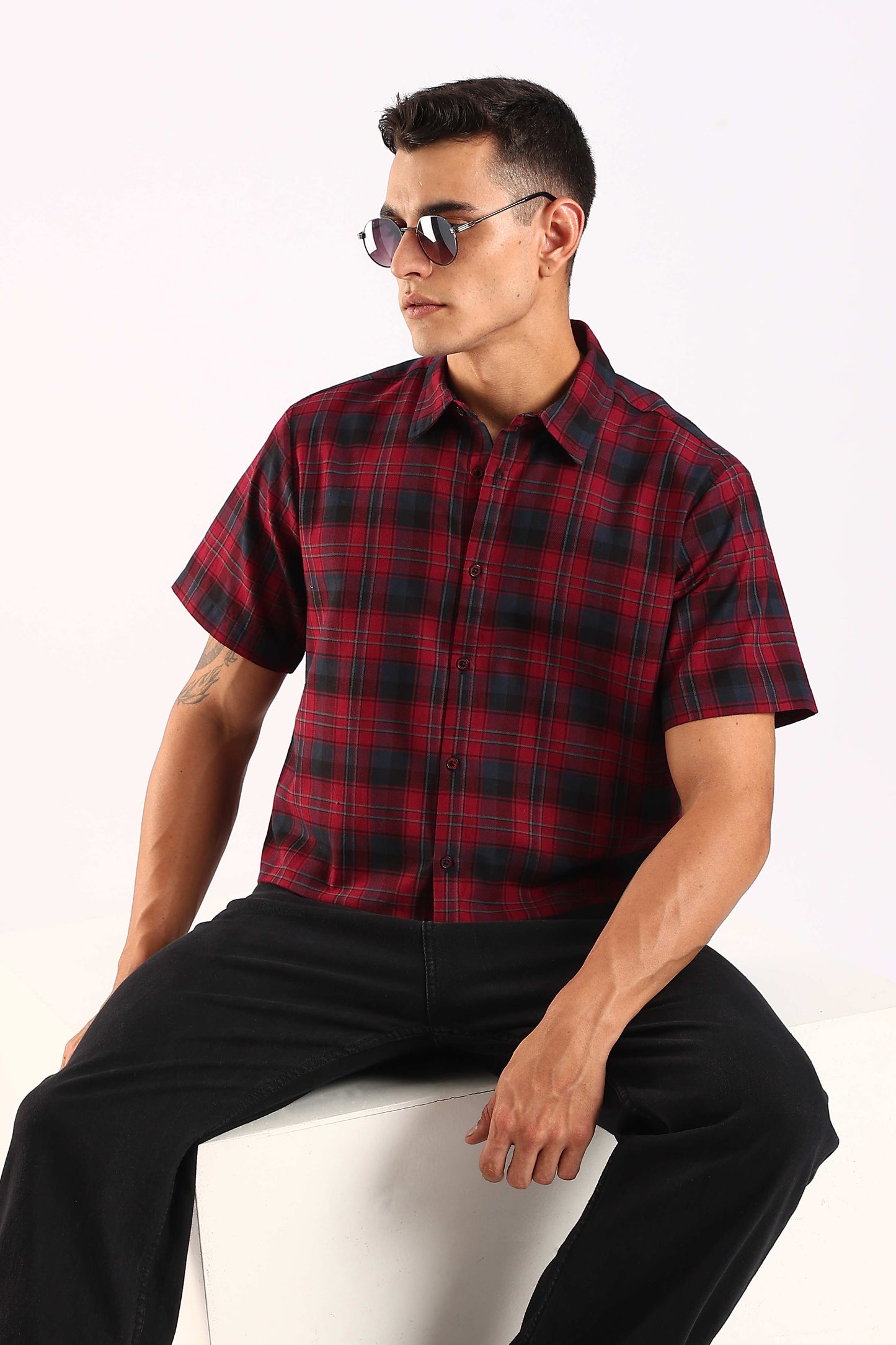 Red & Black Checked Half Sleeve Cotton Shirt
