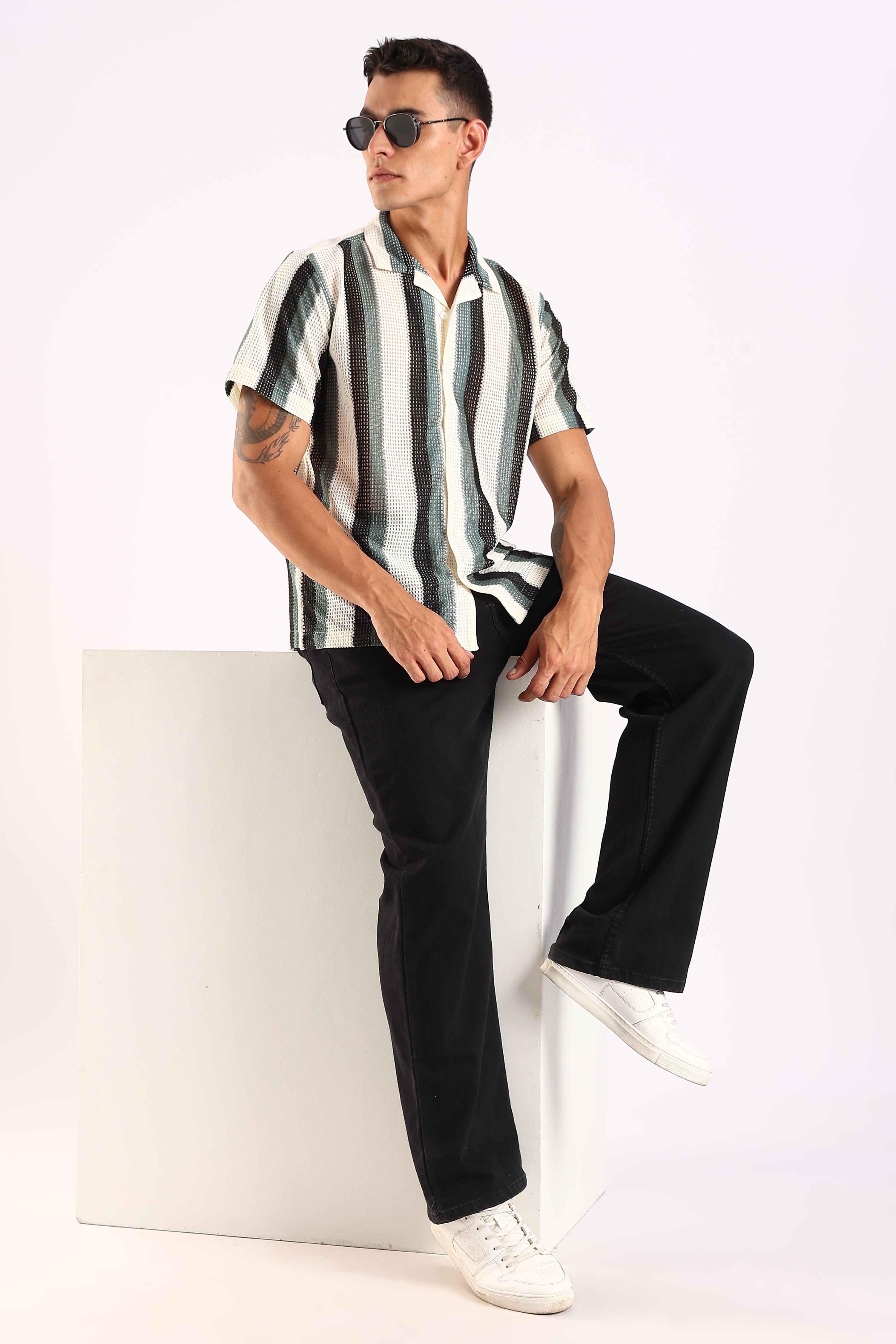 Crochet Stripe Half Sleeve Shirt