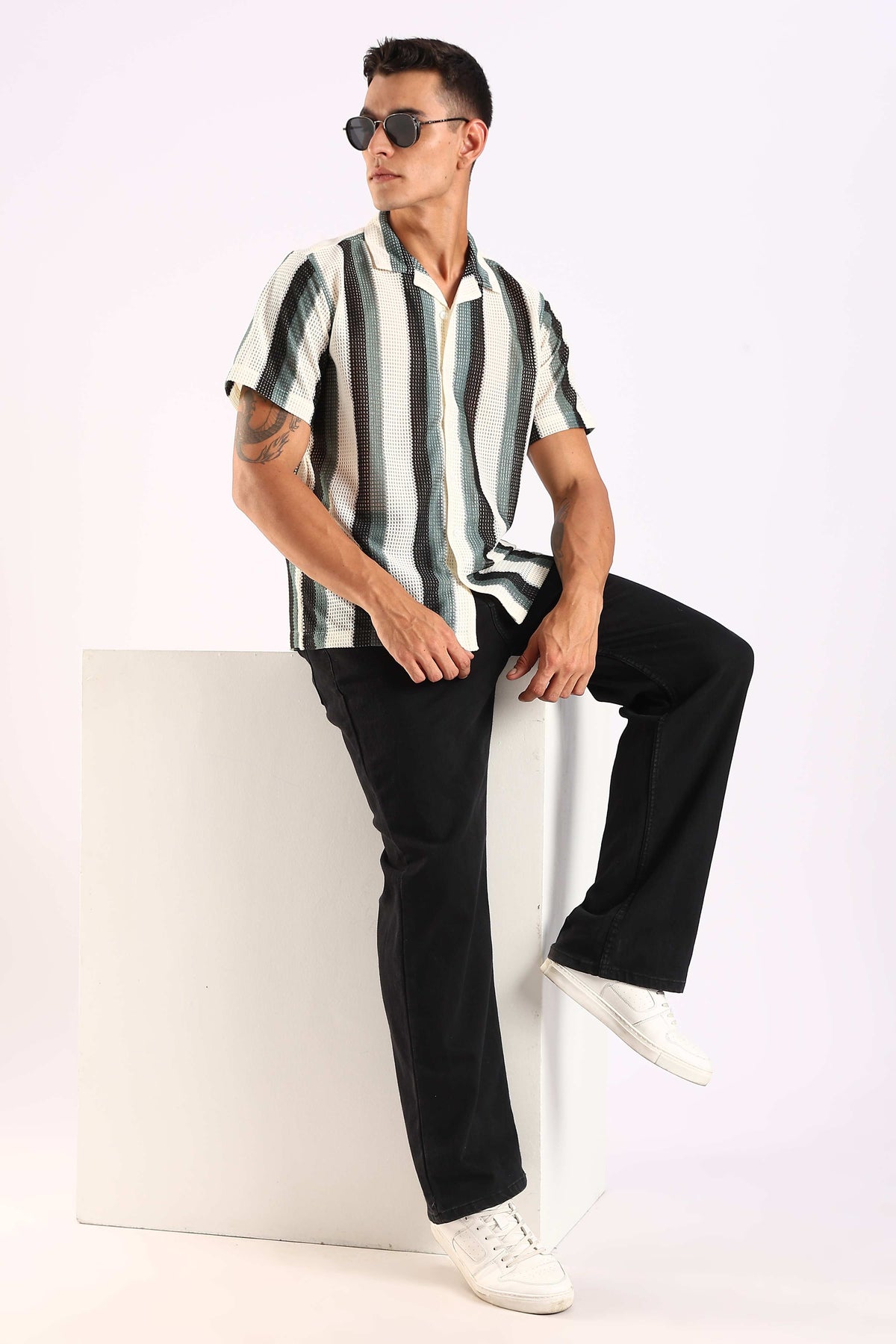 Crochet Stripe Half Sleeve Shirt