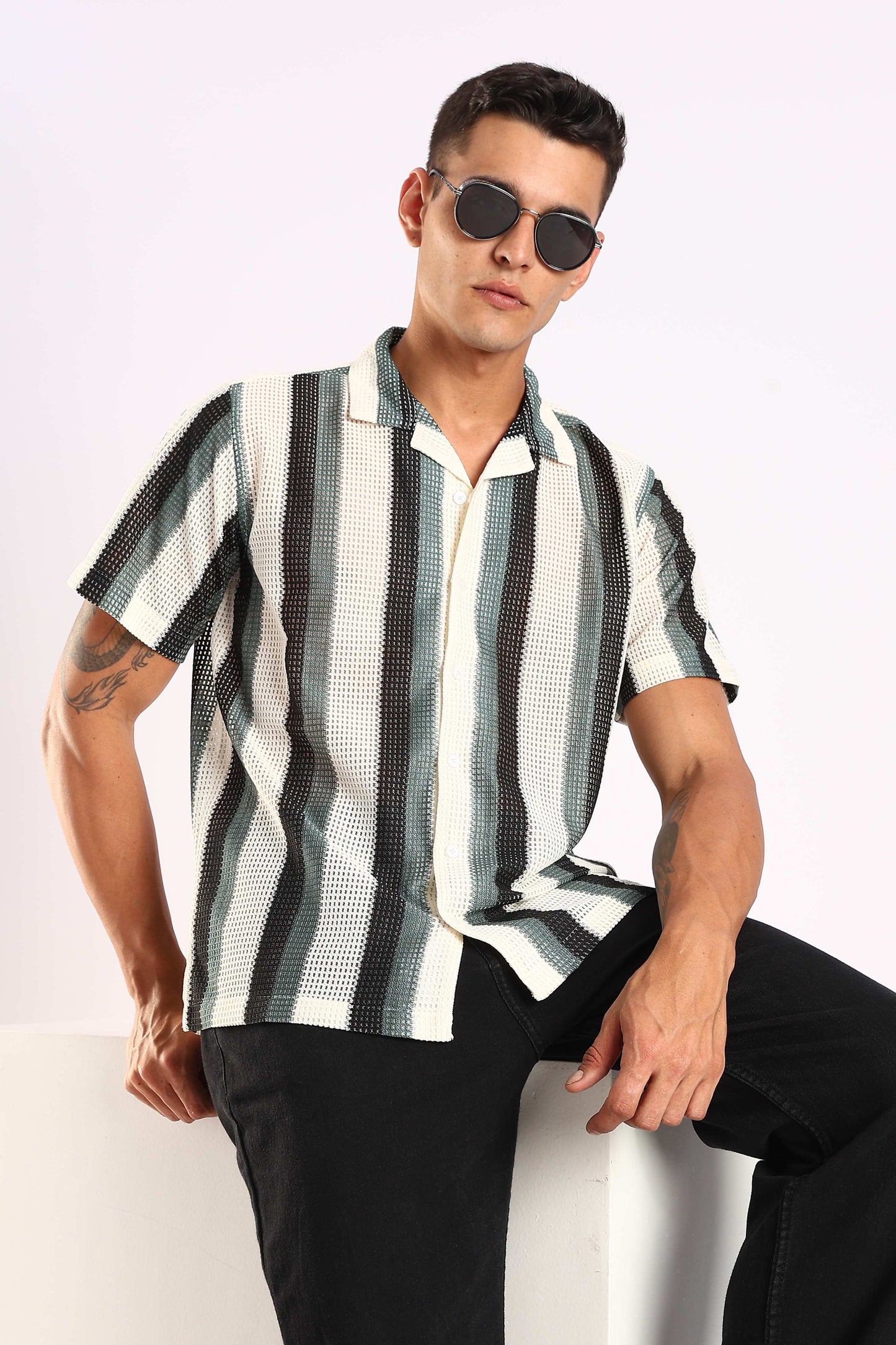 Crochet Stripe Half Sleeve Shirt