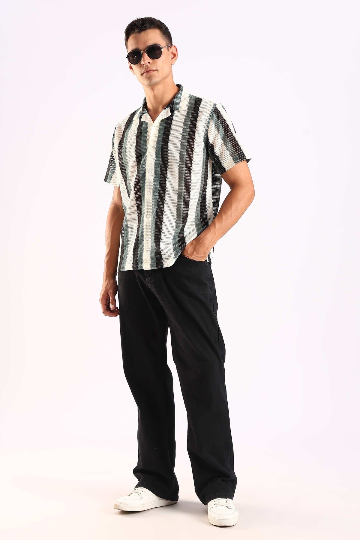 Crochet Stripe Half Sleeve Shirt