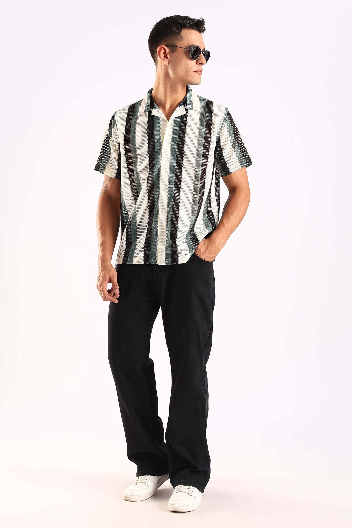 Crochet Stripe Half Sleeve Shirt