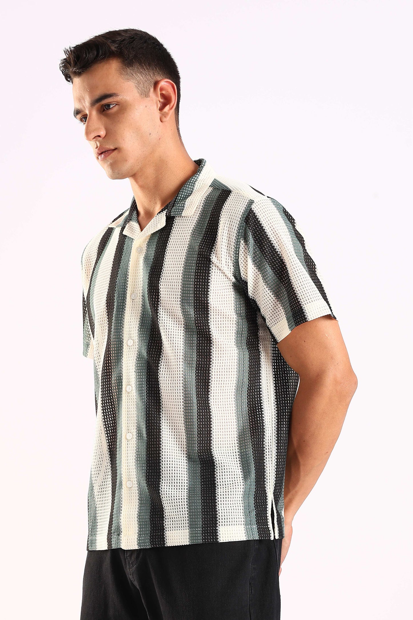 Crochet Stripe Half Sleeve Shirt